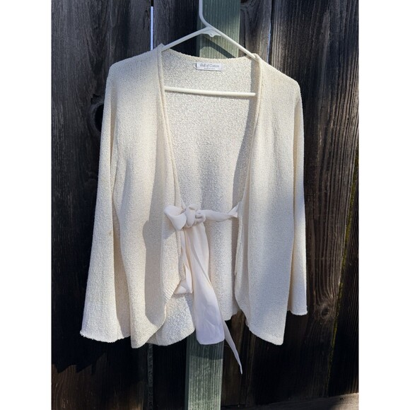Ball of Cotton Knit Tie-Front Cardigan Cream 100% Rayon Large Made in USA - Picture 1 of 16